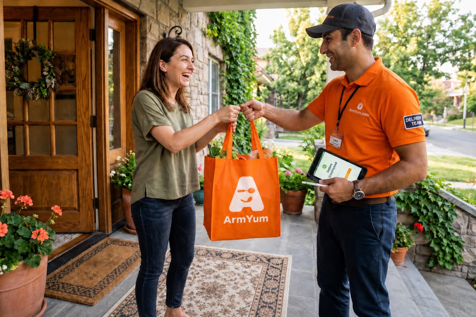 ArmYum driver delivering groceries to the door